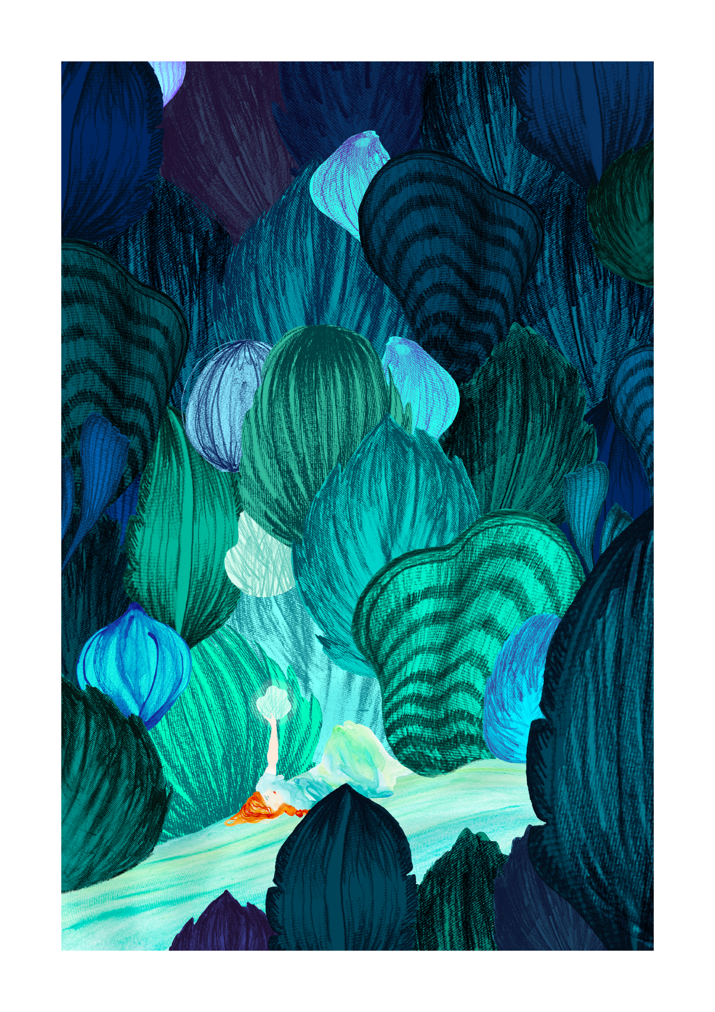 Illustration d'une femme allongée sur une rivière bleu imaginaire.