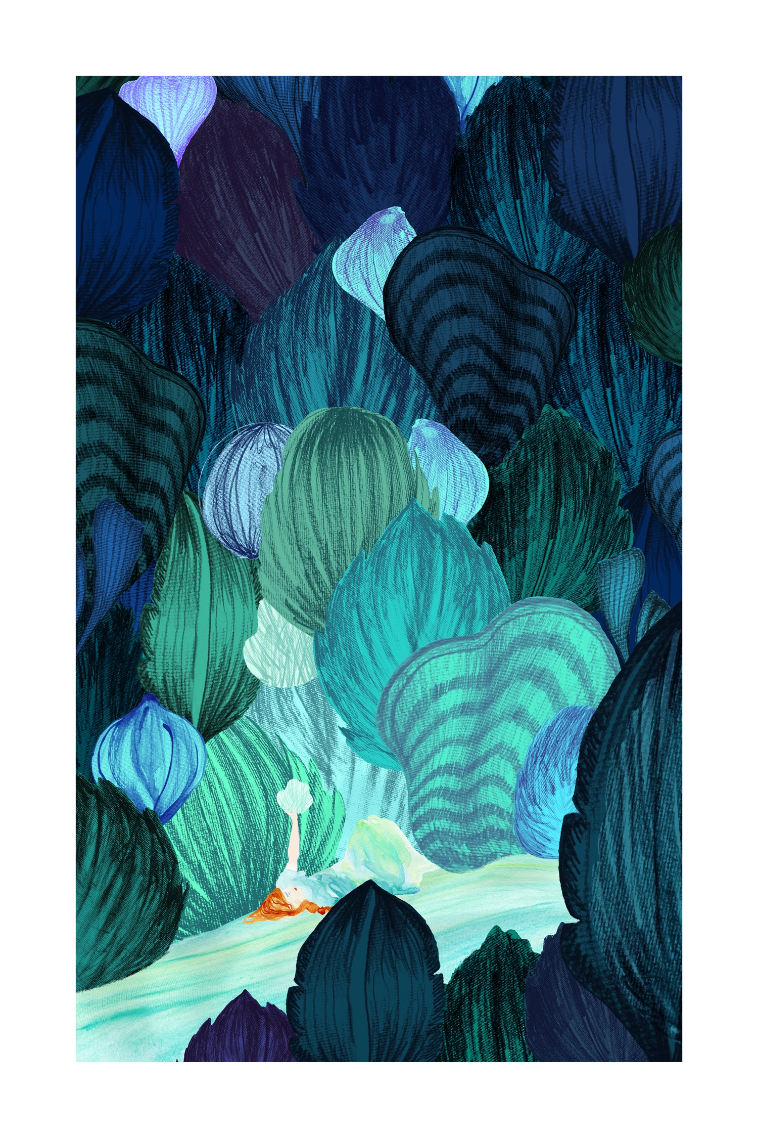 Tirage-art_La-Riviere-Bleue Tirage d'art Rivière bleue, illustration décor imaginaire, volutes bleues/vertes, femme alongée sur une sorte de rivière