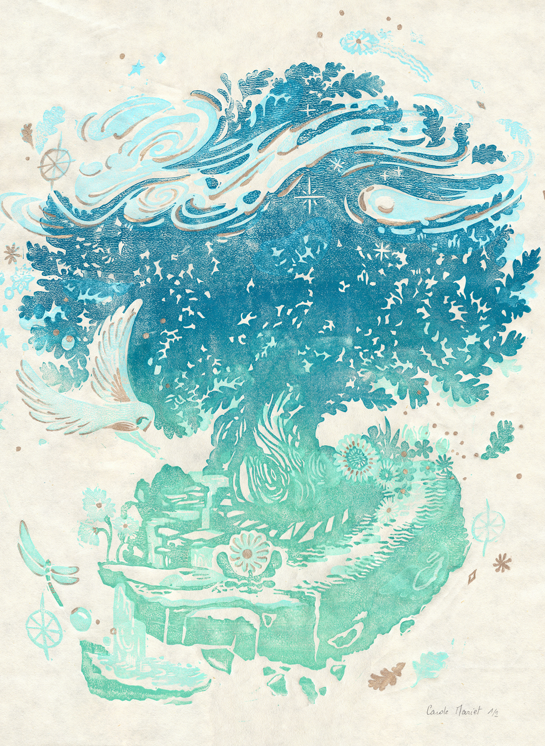 Linogravure arbre dégradé turquoise