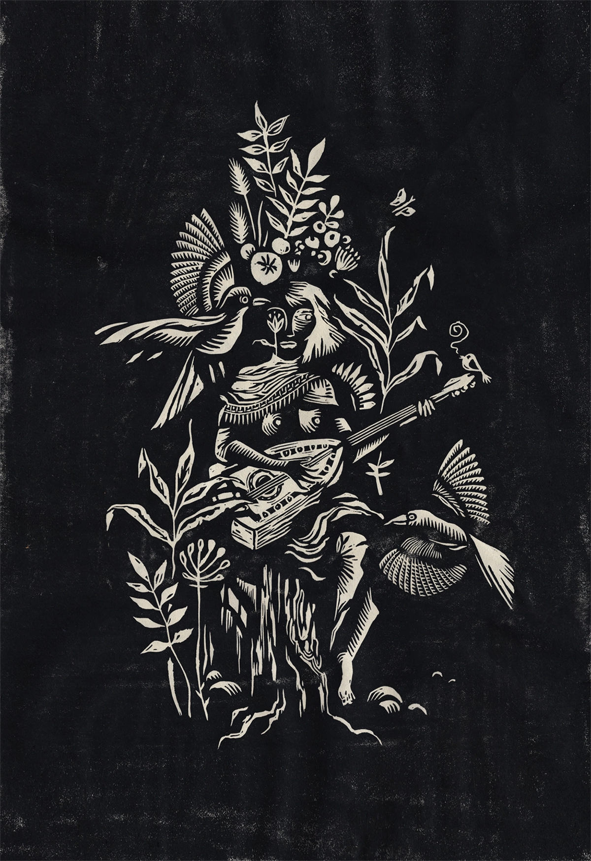 Linogravure Musicienne