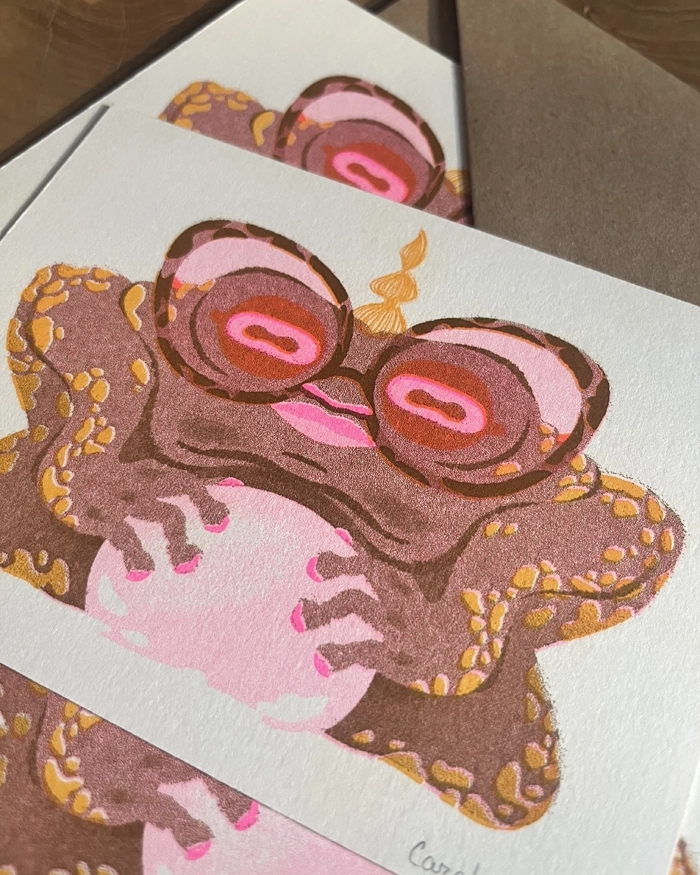 Carte risographie Grenouille Voyante rose fluo