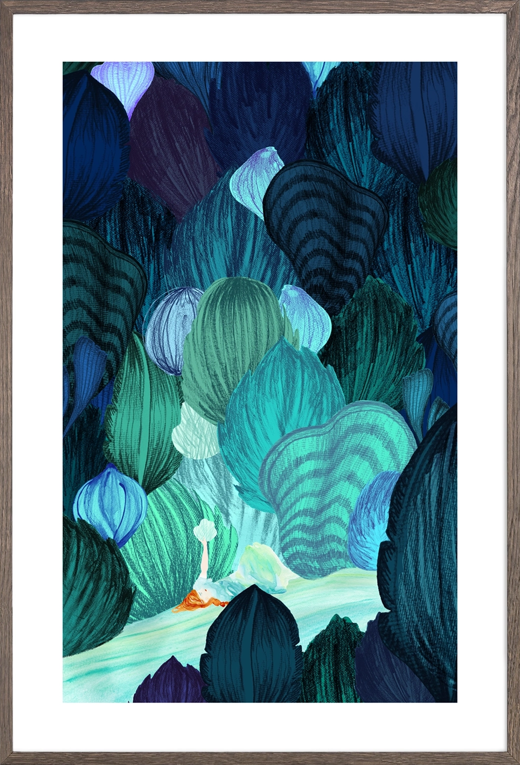 Illustration dégradés de bleus, crayons de couleurs, fille alongée sur une rivère, paysage imaginaire, volutes rondes tons verts-bleus
