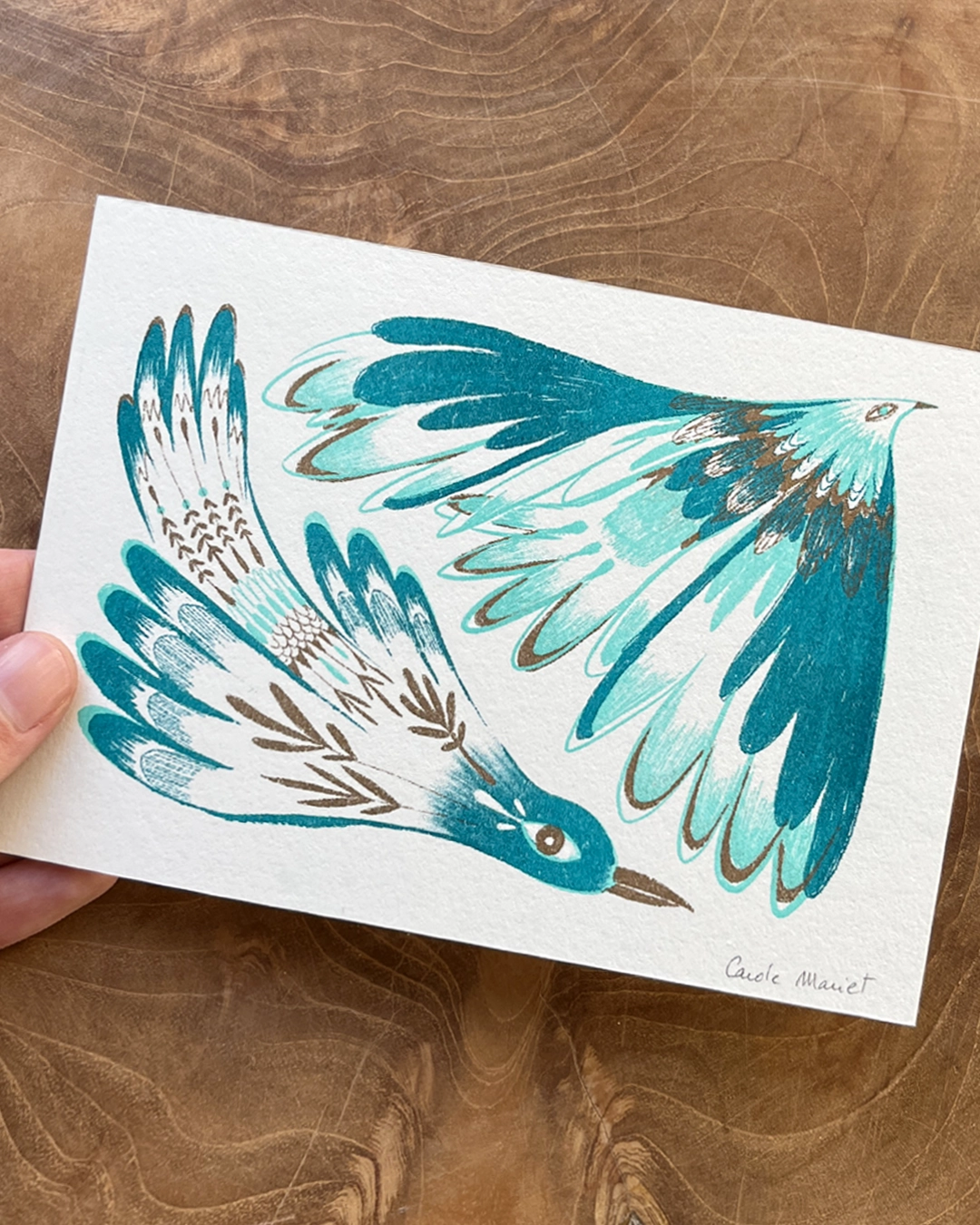 Carte Oiseaux turquoise risographie