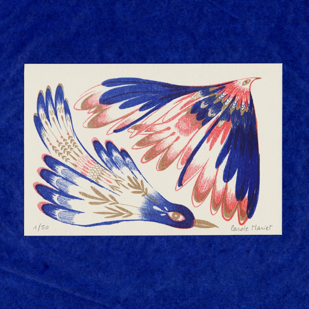 Carte risographie Oiseaux bleus en vol