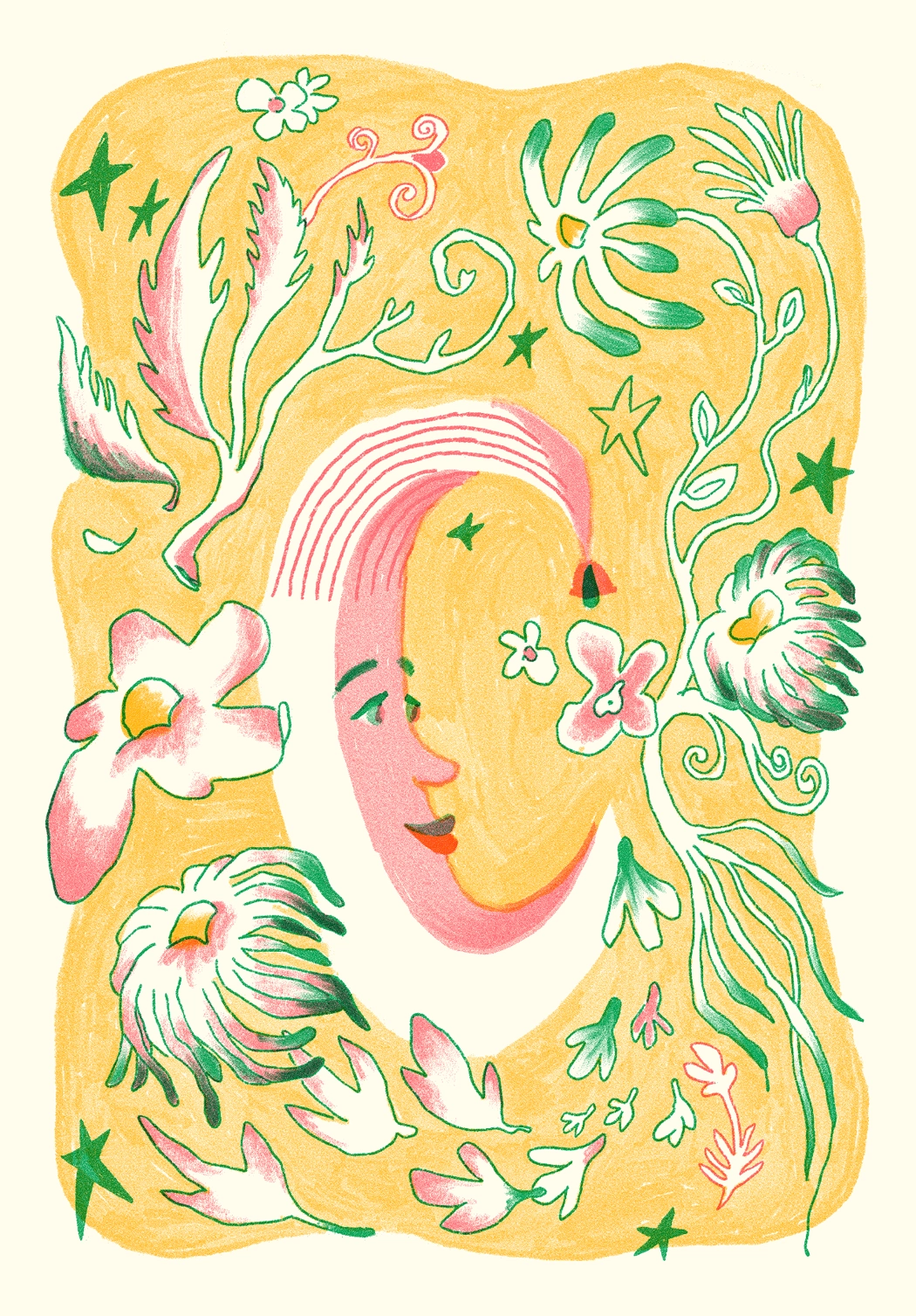 Illustration lune plantes risographie