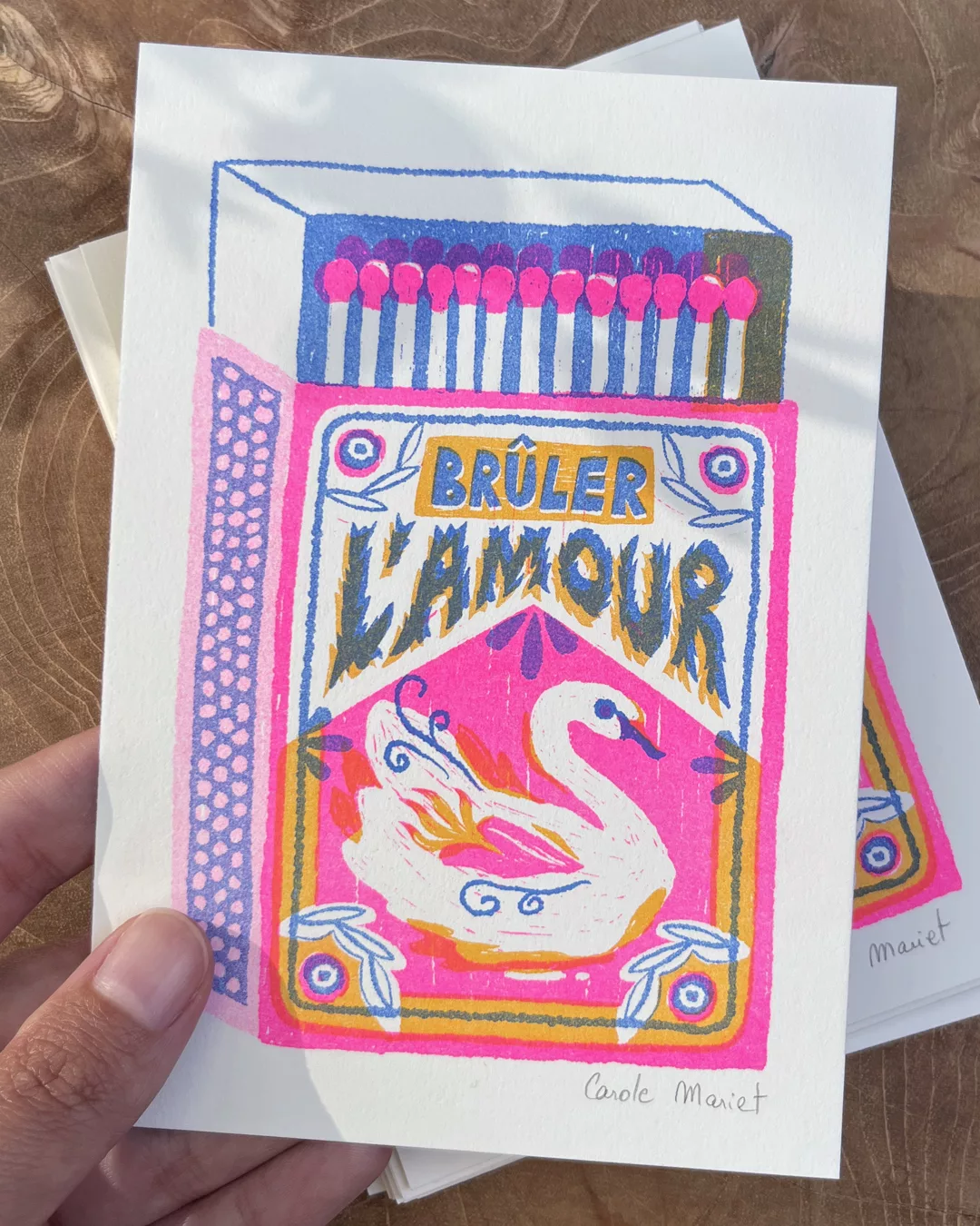 Carte risographie boît d'allumettes "Brûler l'Amour"